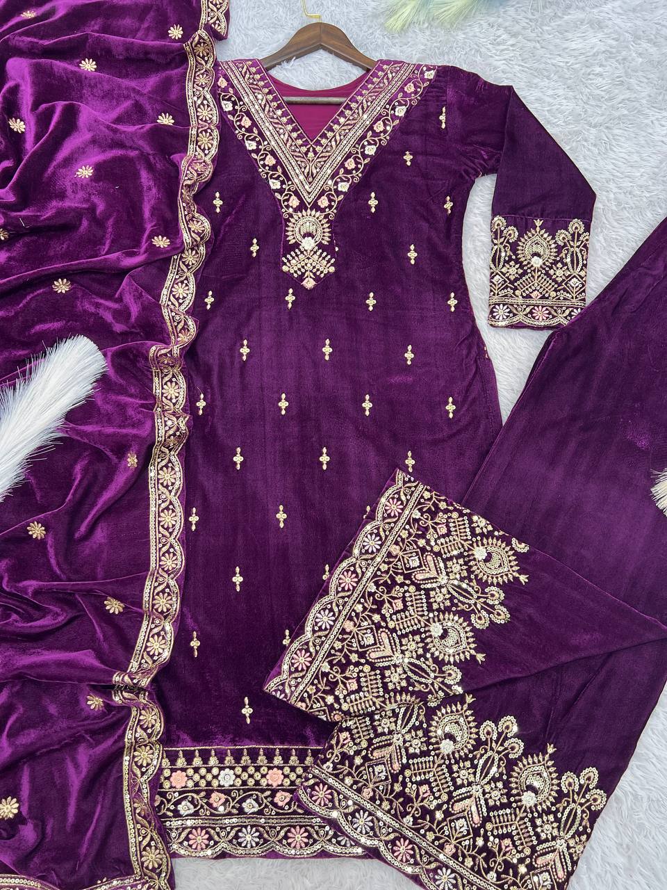 Wedding Wear Velvet Sequence Work Purple Color Palazzo Suit