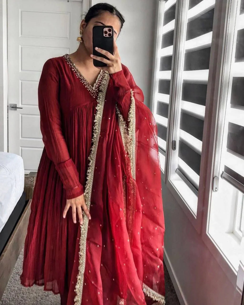 Gorgeous Embroidery Work Red Color Gown