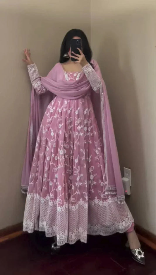 Pattern Wedding & Party Wear Embroidery Work Light Pink Color Anarkali Suit