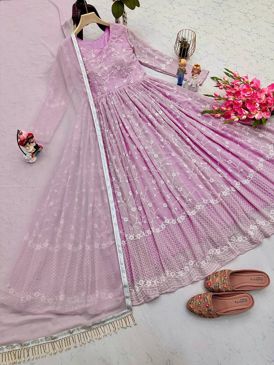 Pattern Wedding & Party Wear Embroidery Work Light Pink Color Anarkali Suit