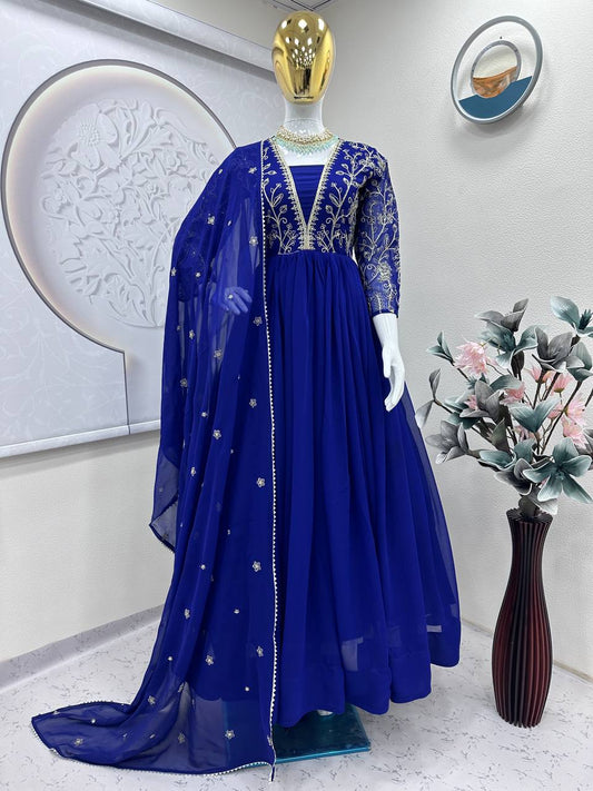 Preferable Embroidery Sequins & Codding Work Blue Color Gown with Dupatta