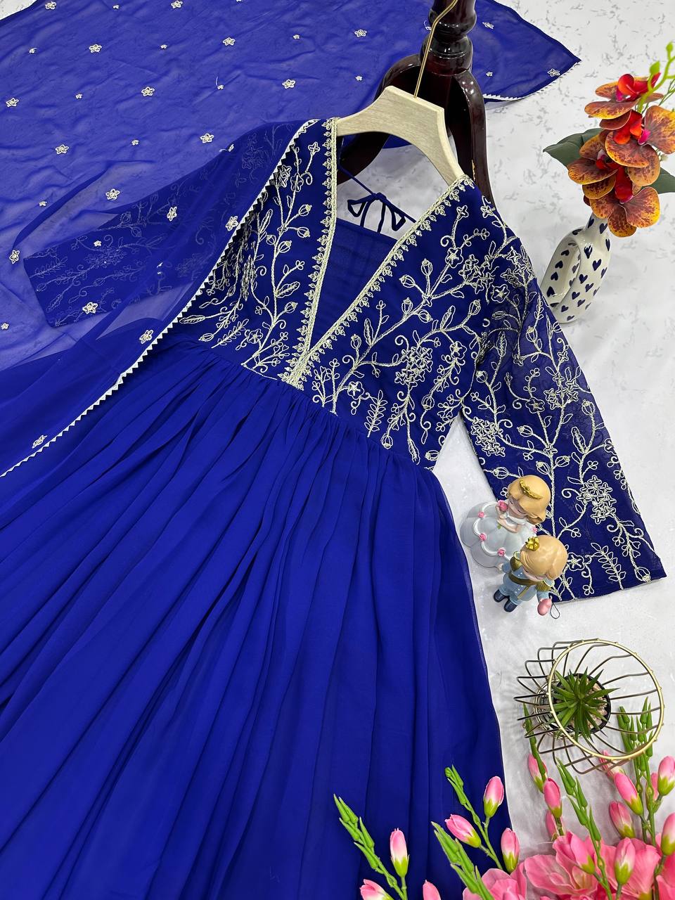 Preferable Embroidery Sequins & Codding Work Blue Color Gown with Dupatta
