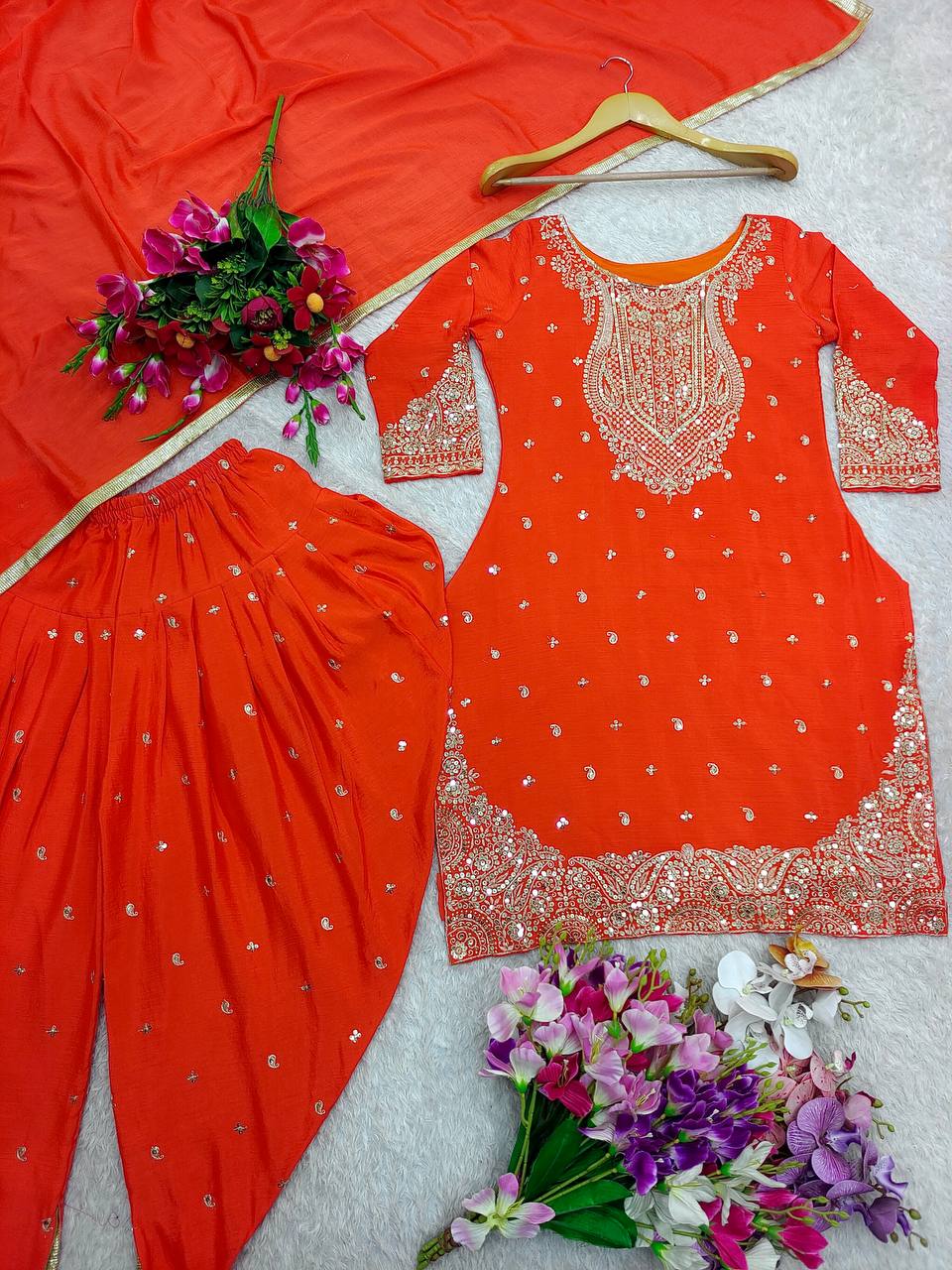 Fabulous Sequence Work Orange Color Top Dhoti With Dupatta Set