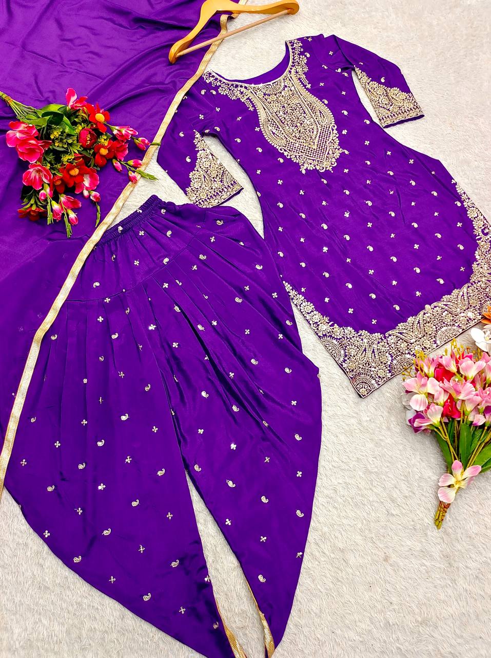 Fabulous Sequence Work Purple Color Top Dhoti With Dupatta Set