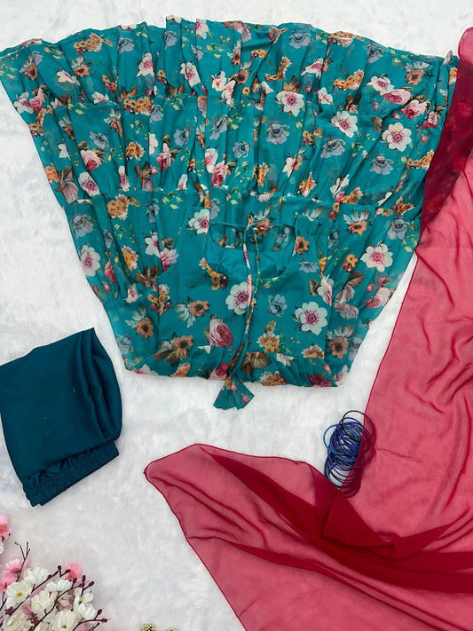 Captivating Flower Print Blue Color Anarkali Suit