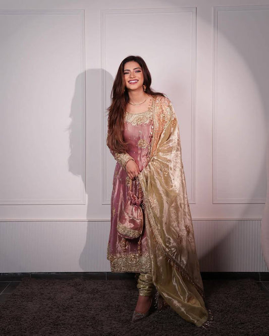 Glimmering Embroidery Sequins And Moti Work Peach Color Anarkali Suit