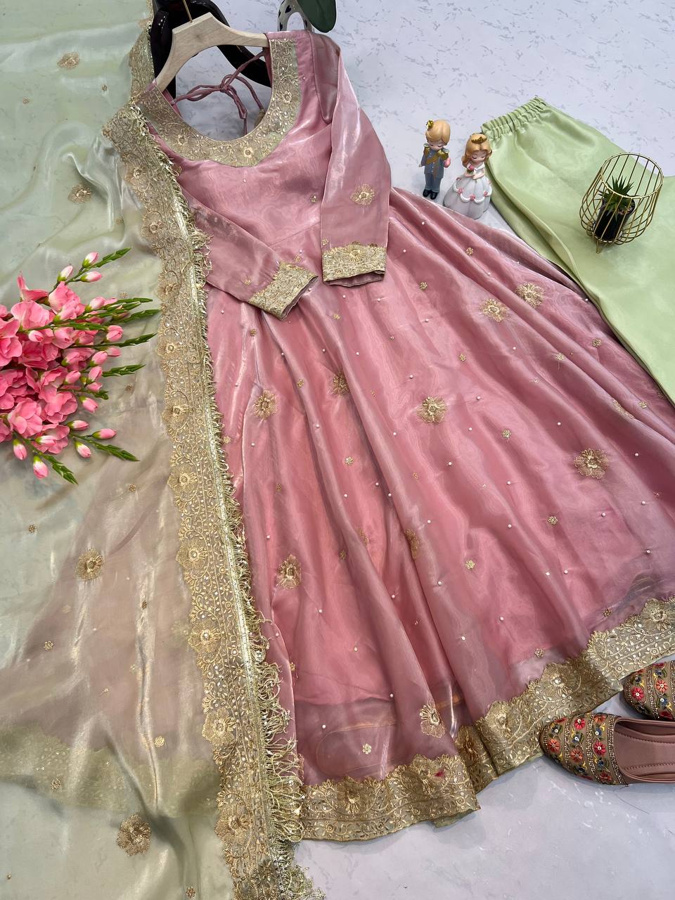 Glimmering Embroidery Sequins And Moti Work Peach Color Anarkali Suit