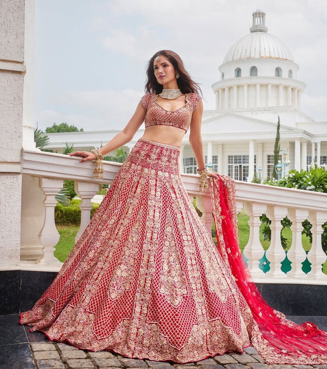 '-50% Exotic Malai Satin Jari Work Bridal Red Color Lehenga Choli