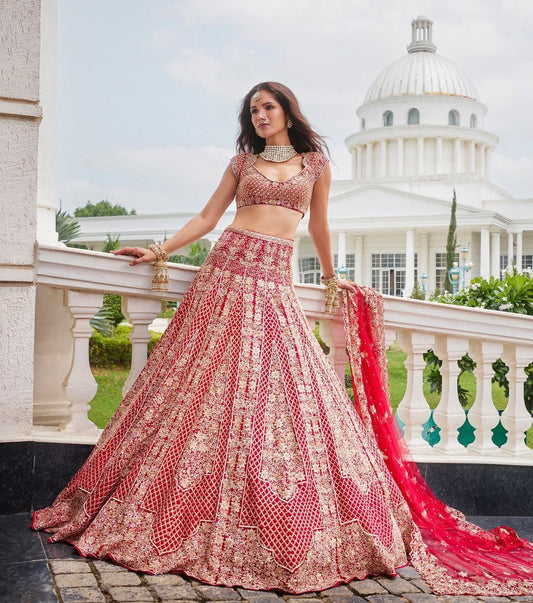 '-50%   Exotic Malai Satin Jari Work Bridal Red Color Lehenga Choli