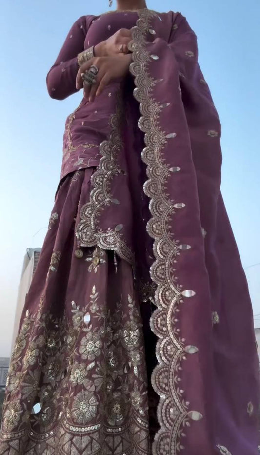 Peaceful Heavy Embroidery Work Purple Color Sharara Suit