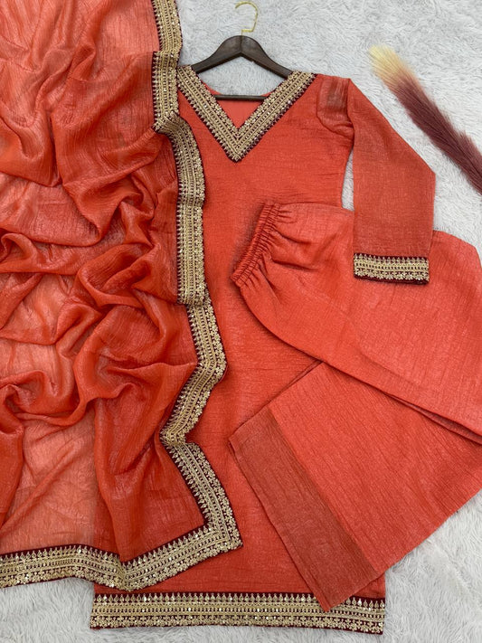 Amazing Soft Gold Crush Silk Orange Color Palazzo Suit