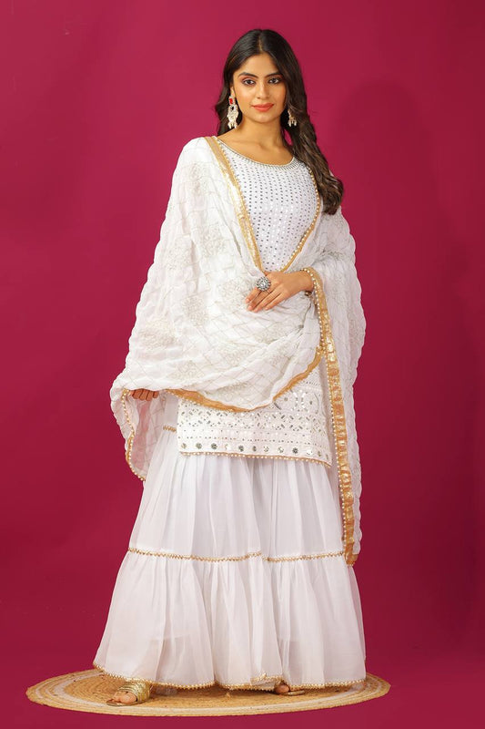 Fashionable Georgette White Color Sharara Suit