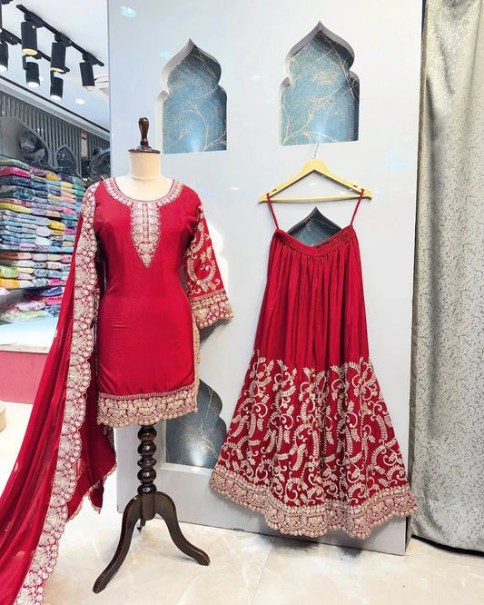 Elegant Red Color Chinon Silk Sharara Suit