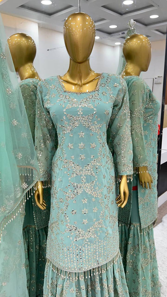 '-50% Wonderful Aqua Green Color Embroidery Work Sharara Suit