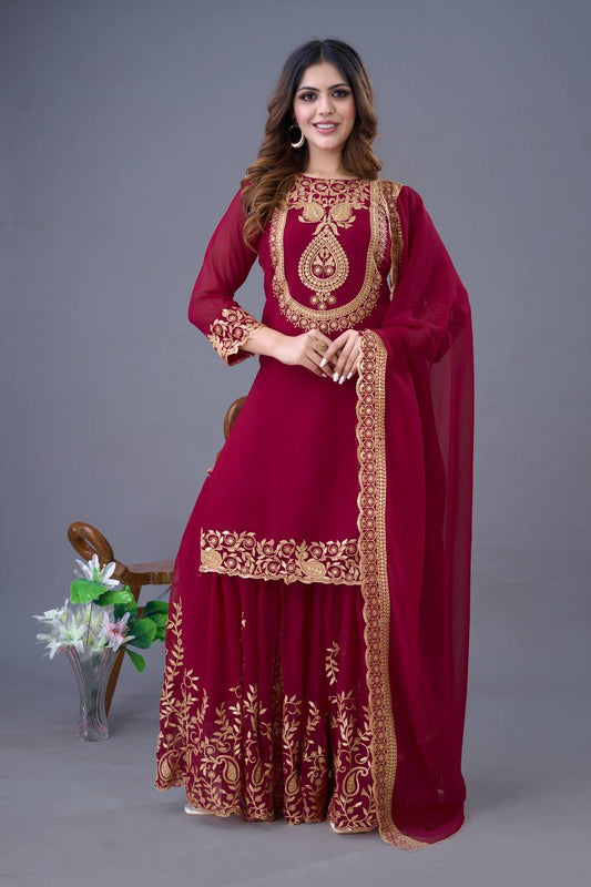 Blissful Maroon Color Sequence Thread Work Sharara Suit