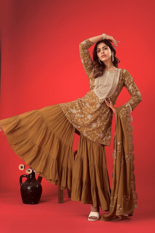 Designer Embroidery Work Brown Color Sharara Suit