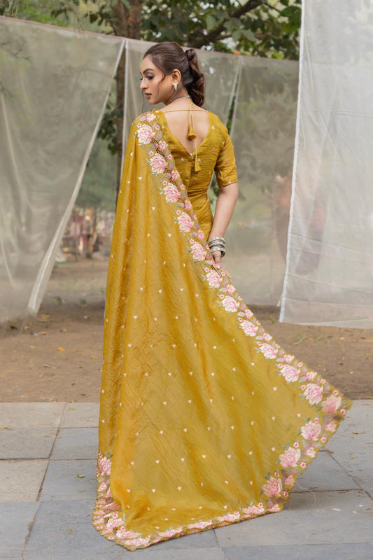 Imposing Crush Silk Mustard Color Saree