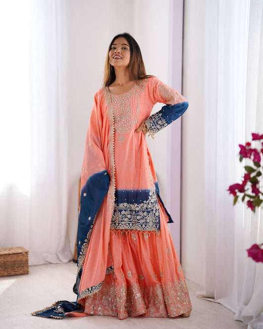 Good Looking Chinon Silk Rivet Moti Peach Color Sharara Suit
