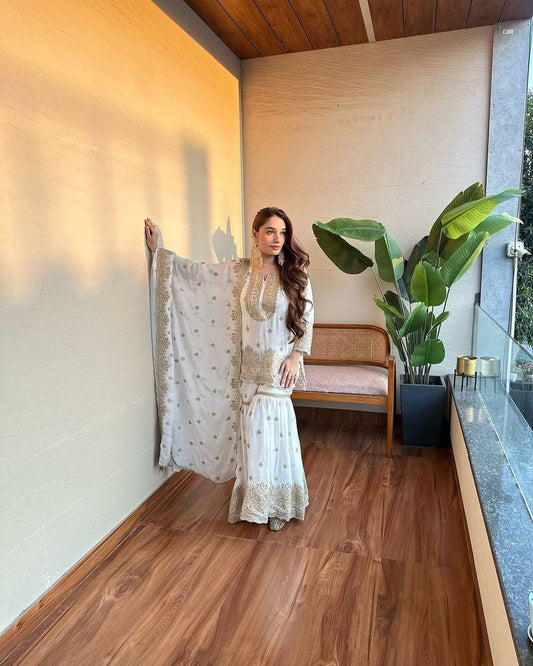 Glossy Chinnon Silk White Color Sharara Suit