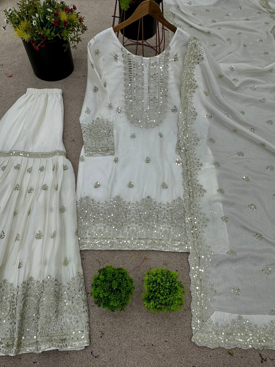 Glossy Chinnon Silk White Color Sharara Suit