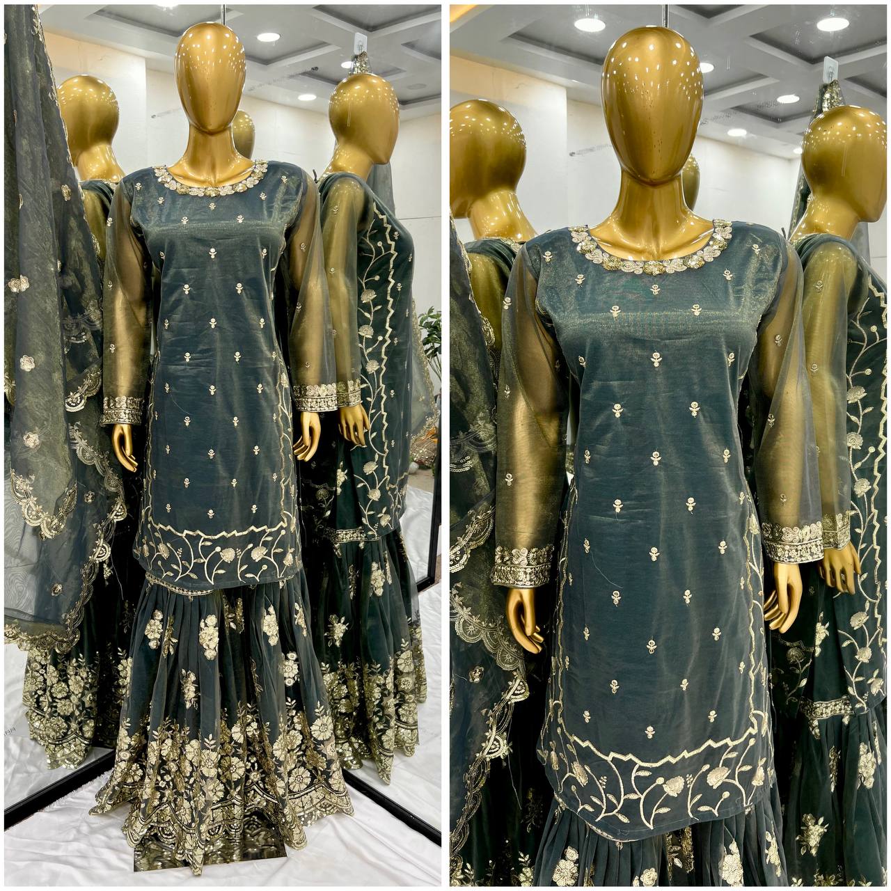 Peaceful Heavy Embroidery Work Green Color Sharara Suit