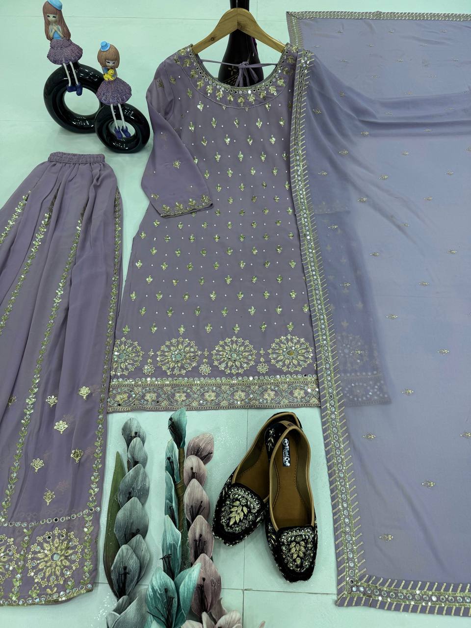 Designer Georgette Lavender Color Palazzo Suit