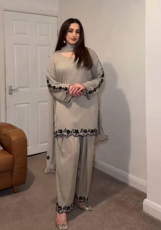 Captivating Embroidery Work Off White Color Palazzo Suit