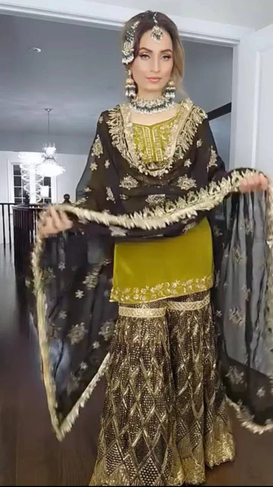 Captivating Chinon Silk Perrot Color Sharara Suit