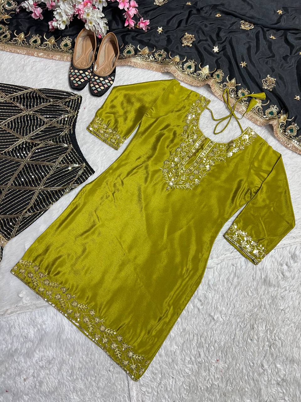 Captivating Chinon Silk Perrot Color Sharara Suit