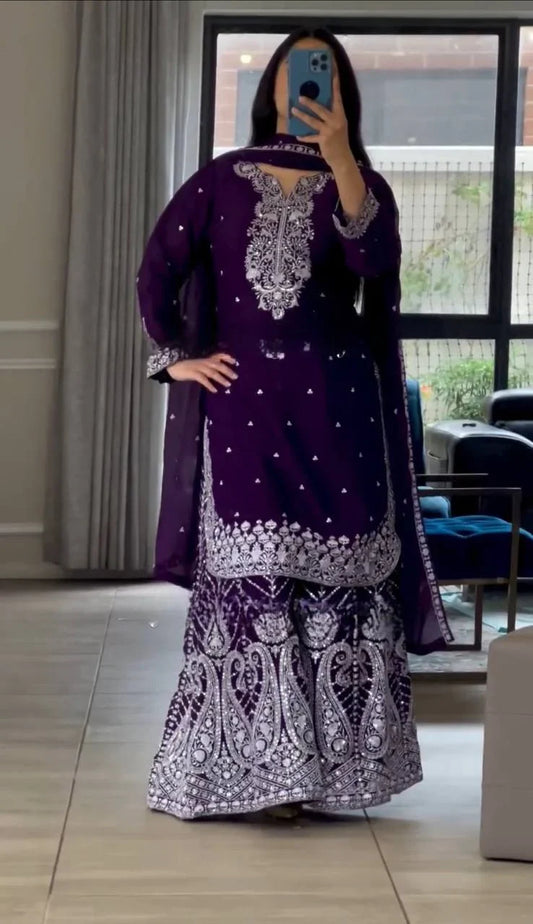 Designer Embroidery Work Purple Color Sharara Suit