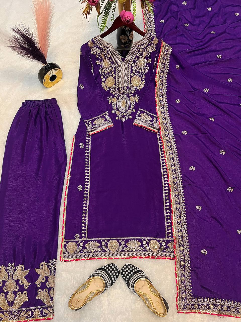 Decent Embroidery Coding Work Purple Color Palazzo Sui