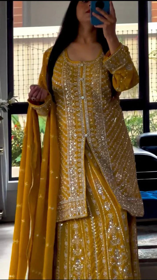 Outstanding Sequence Work Mustard Color Sharara Suit