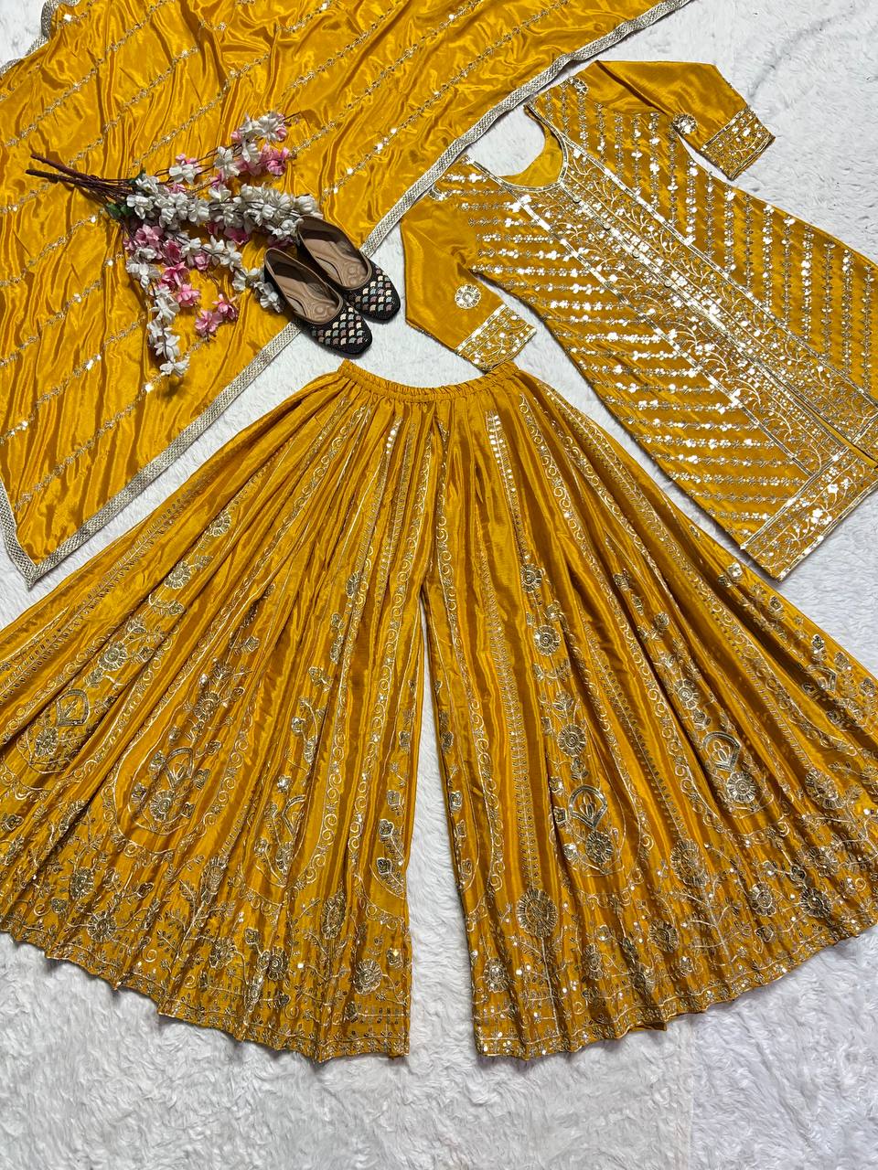 Outstanding Sequence Work Mustard Color Sharara Suit