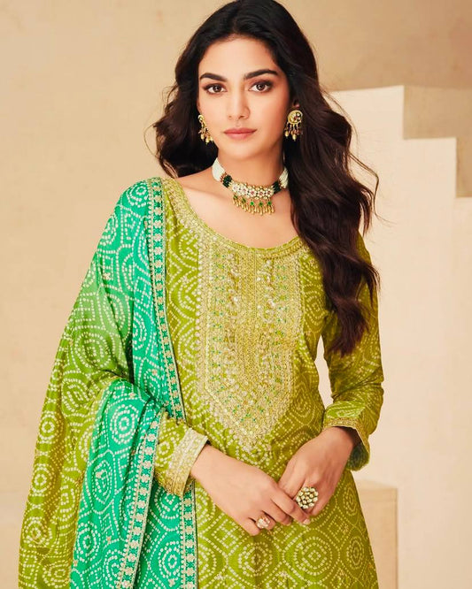 Glorious Chinon Silk Green Color Sharara Suit