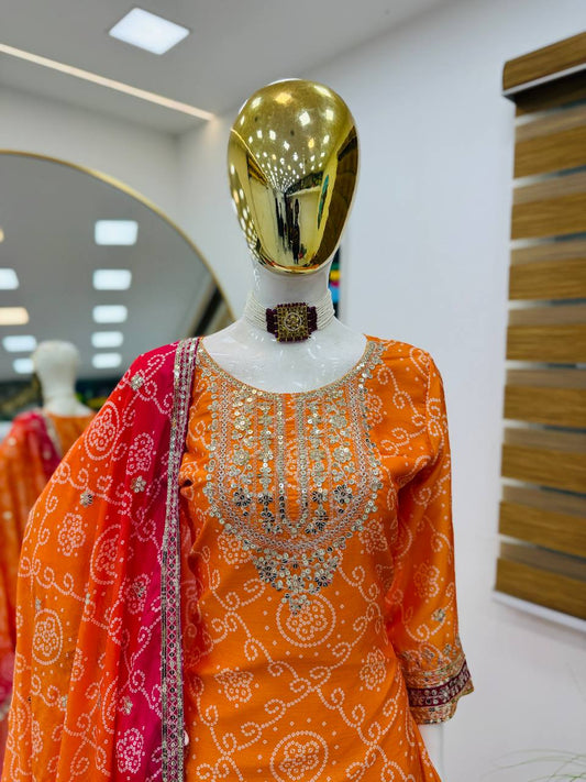 Glorious Chinon Silk Mustard Color Sharara Suit