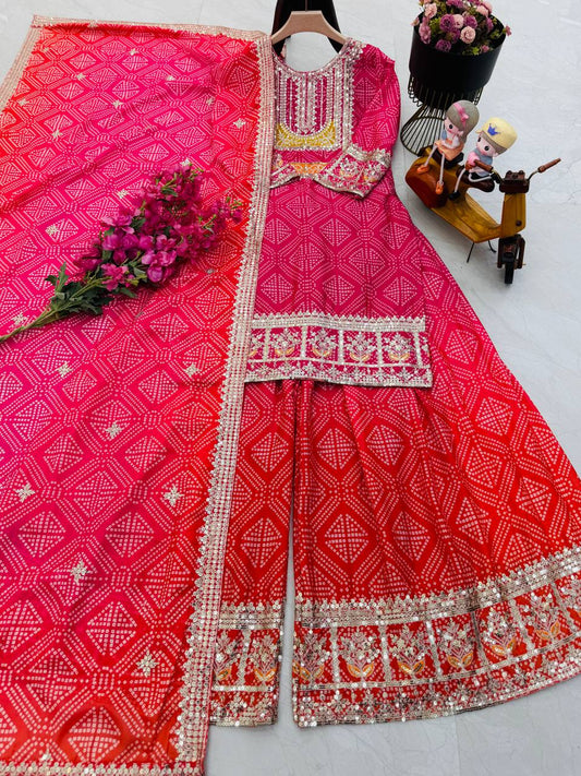 Glorious Chinon Silk Pink Color Sharara Suit
