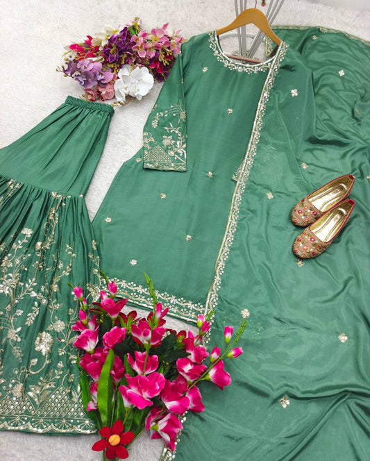 Exotic Chinon Silk Embroidery Work Green Color Sharara Suit