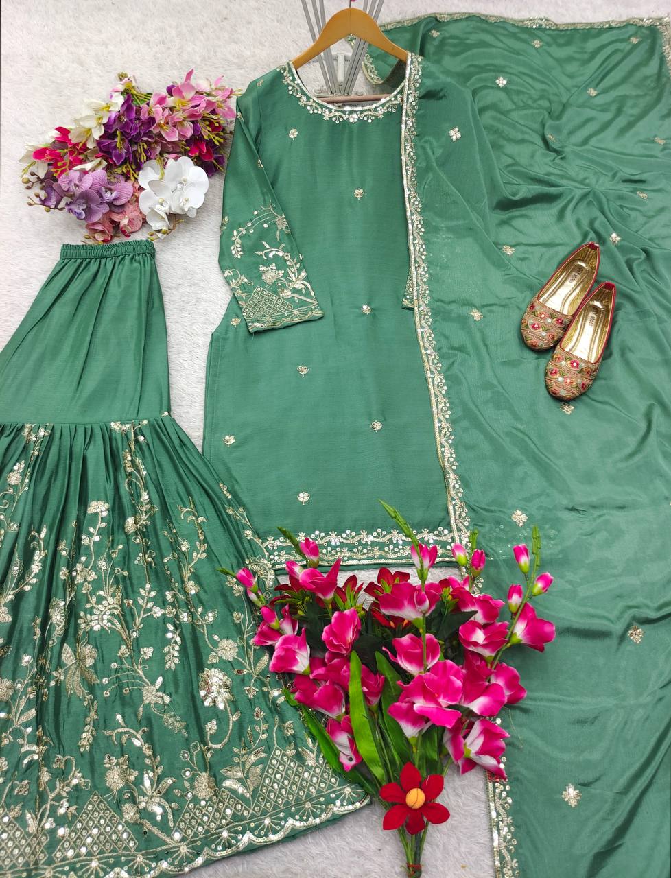 Exotic Chinon Silk Embroidery Work Green Color Sharara Suit