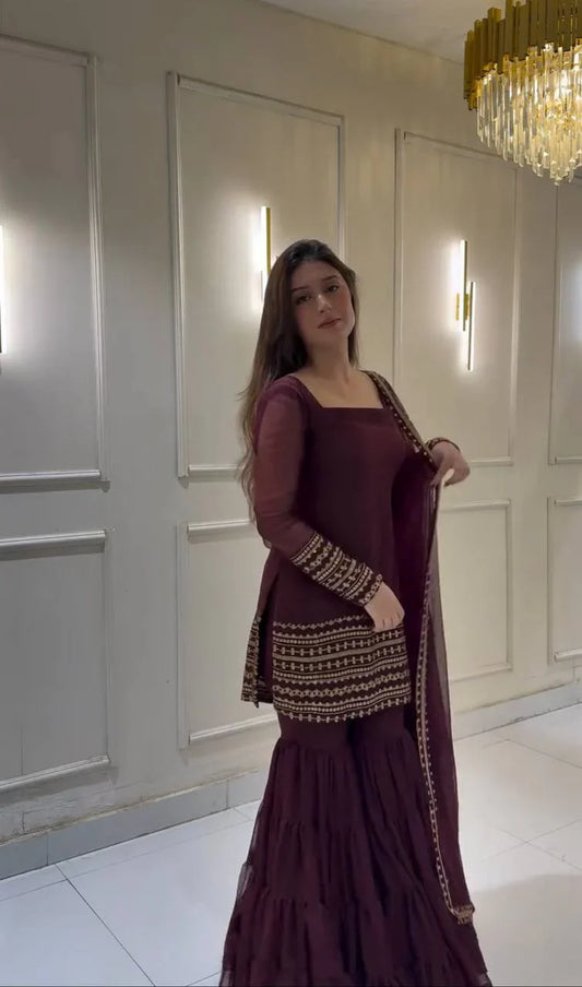Demanding Embroidery Work Wine Color Sharara Suit