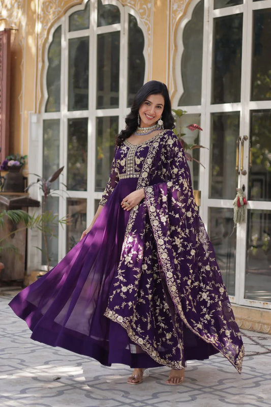 Gorgeous Embroidered Work Purple Color Gown