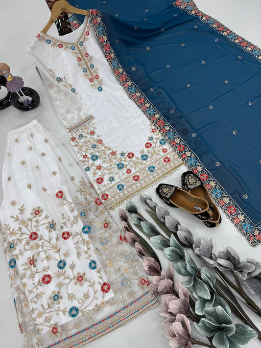 Awesome White Color Work Sharara Suit With Blue Dupatta