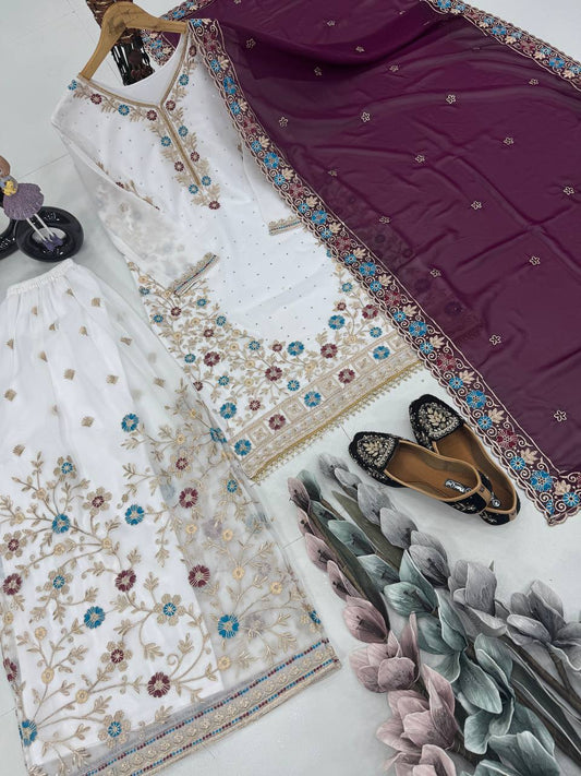 Awesome White Color Work Sharara Suit With Wine Dupatta