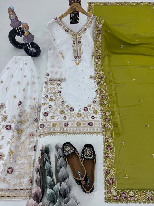 Awesome White Color Work Sharara Suit With Green Dupatta