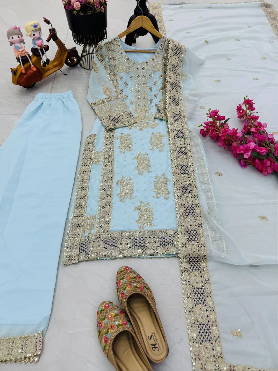Festive Wear Sequence Work Sky Blue Color Sharara Suit
