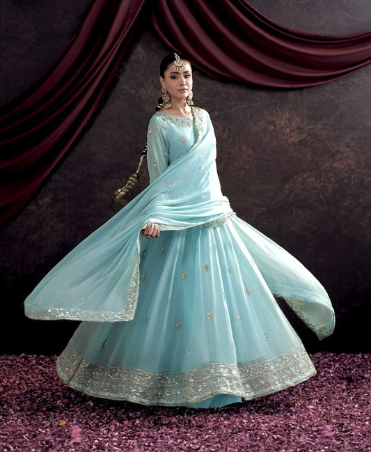 Good Looking Georgette Sequence Work Sky Blue Color Gown