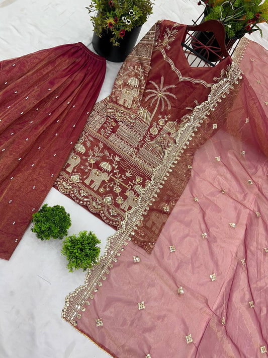 Classic Sequence Work Brown Color Sharara Suit