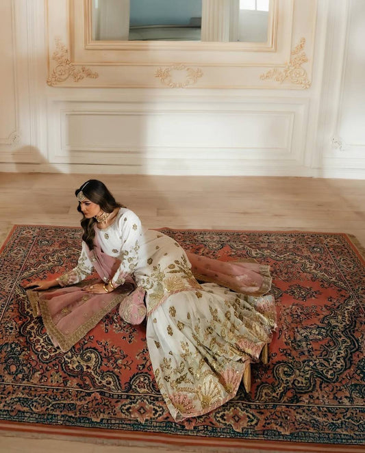 Good Looking Heavy Work White Color Sharara Suit