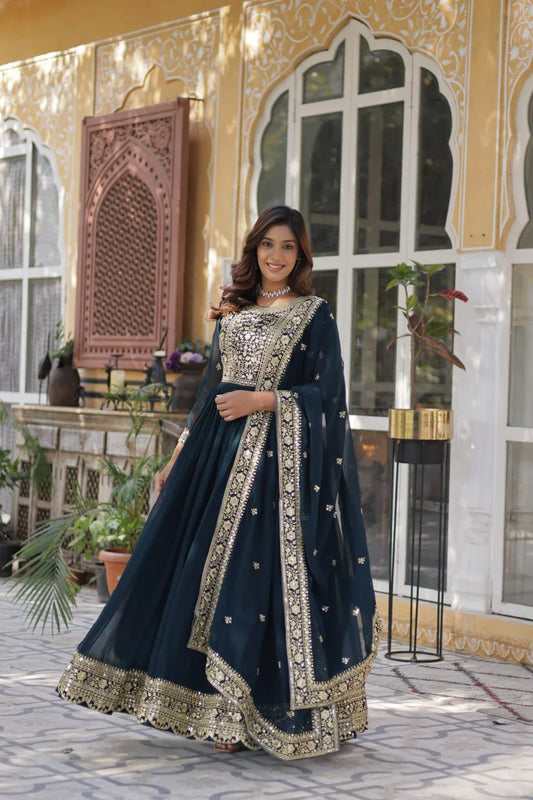 Wonderful Embroidery Work Navy Blue Color Gown