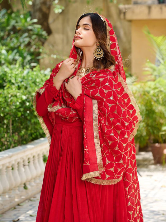 Awesome Vichitra Silk Red Color Gown