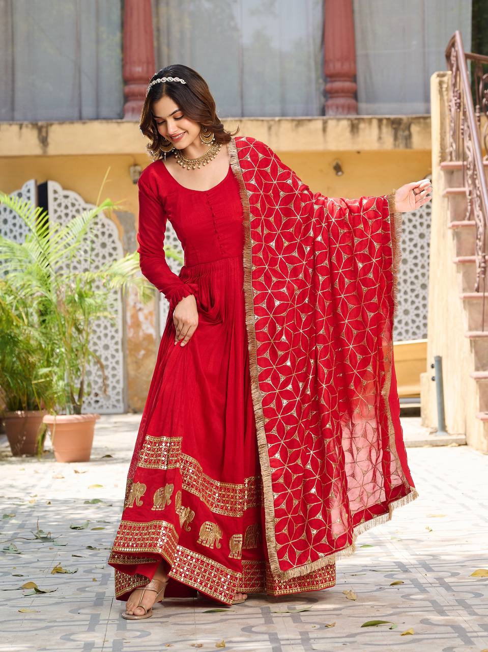 Awesome Vichitra Silk Red Color Gown